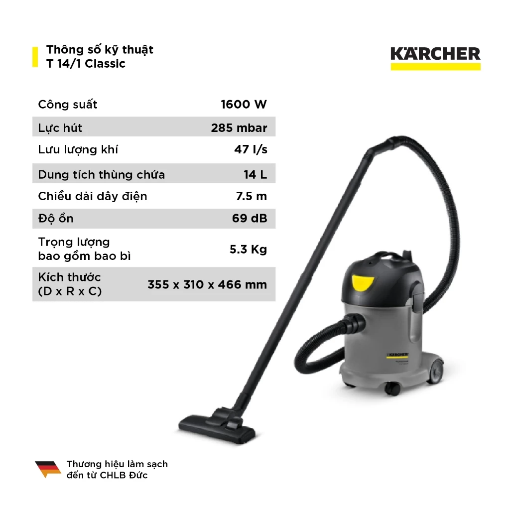 Thông số kỹ thuật của máy hút bụi khô công nghiệp Kacher T14/1 Classic