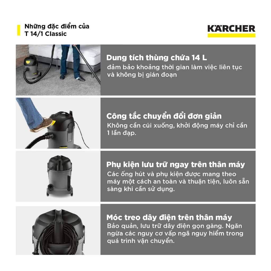 Đặc điểm nổi bật của máy hút bụi khô công nghiệp Kacher T14/1 Classic